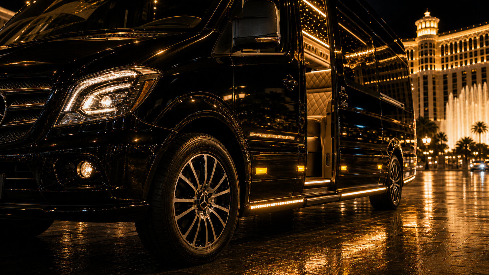 Black Mercedes Sprinter detail with gold running lights