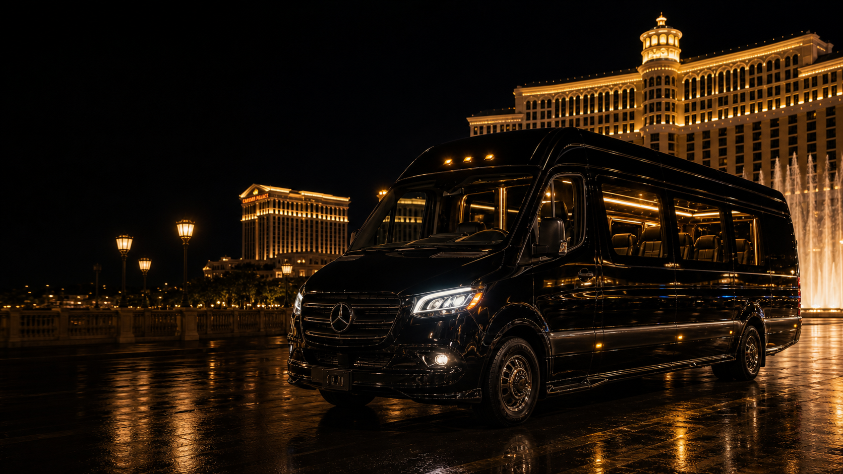 Black Mercedes Sprinter party van on the Las Vegas Strip at night